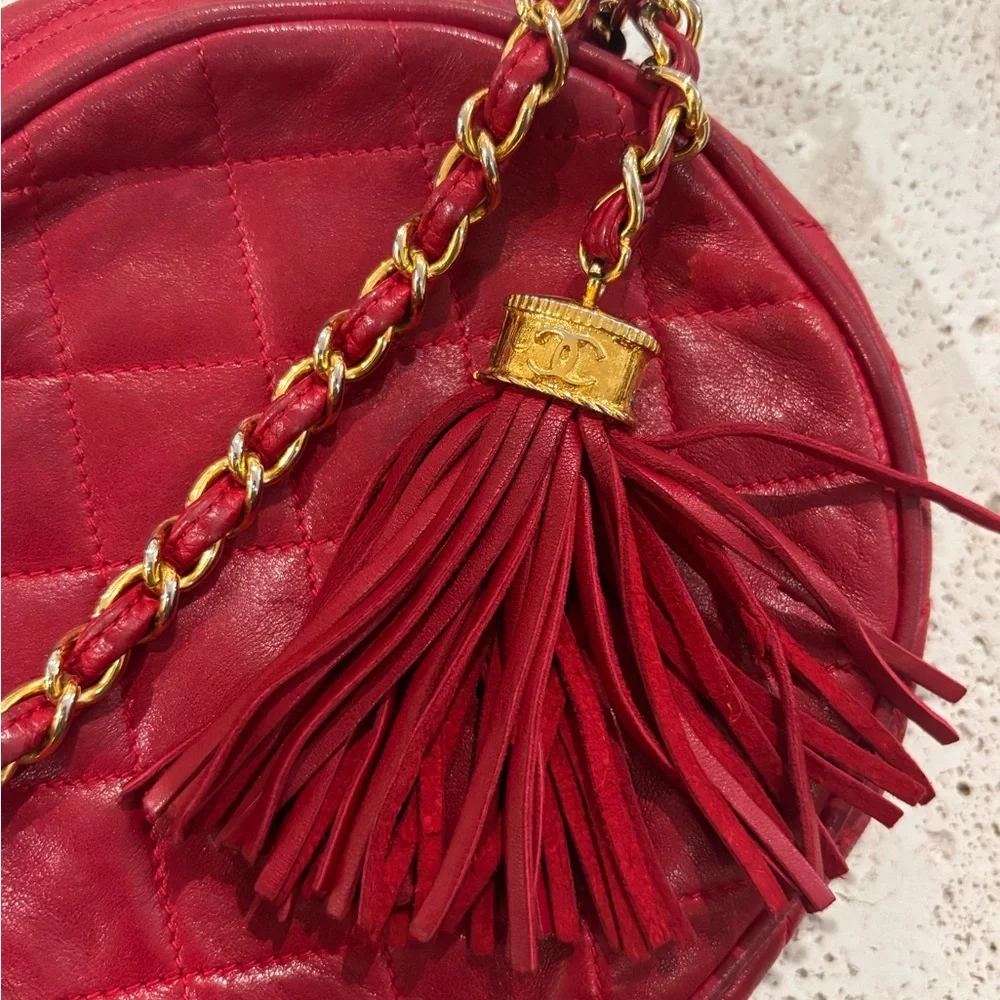 Authentic CHANEL RED LAMBSKIN tassel round mini vintage bag